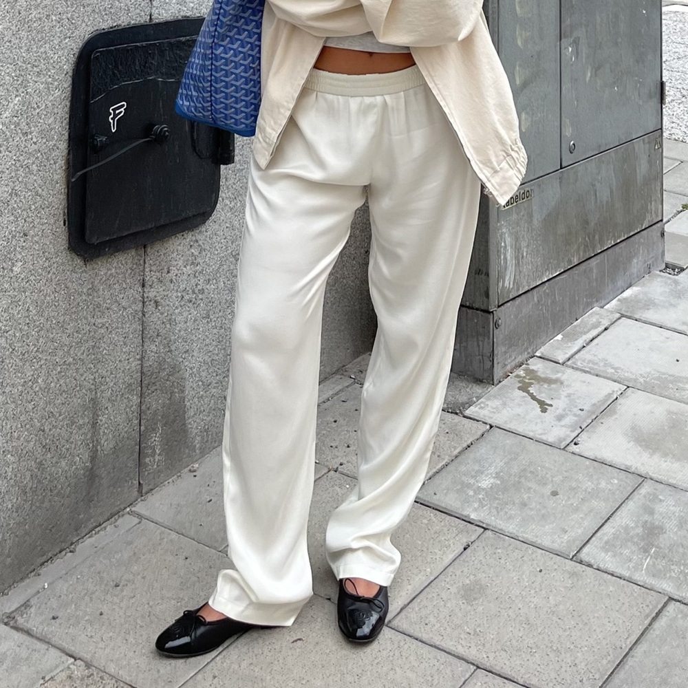 Djerf Avenue Cream Satin Straight-Leg Pants